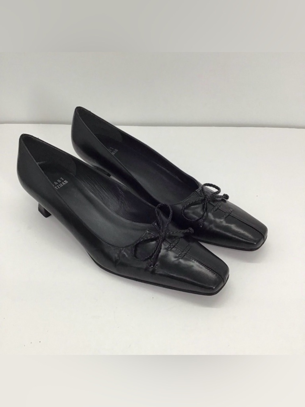 Stuart Weitzman Leather Kitten Heel Classic Pumps Bow Career Black Size 7.5N